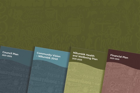 This is a graphic image of the covers of the Community Vision and four three strategic plans