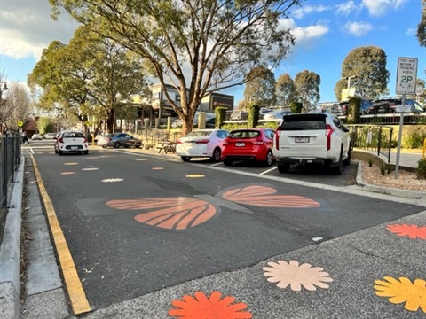 The is a photograph of the new road decals of butterflies and wattle flowers in Commercial Place, Eltham.