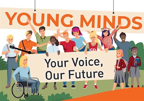 This is an animated image of a diverse group of young people holding a banner that reads Young Minds: Your Voice Our Future