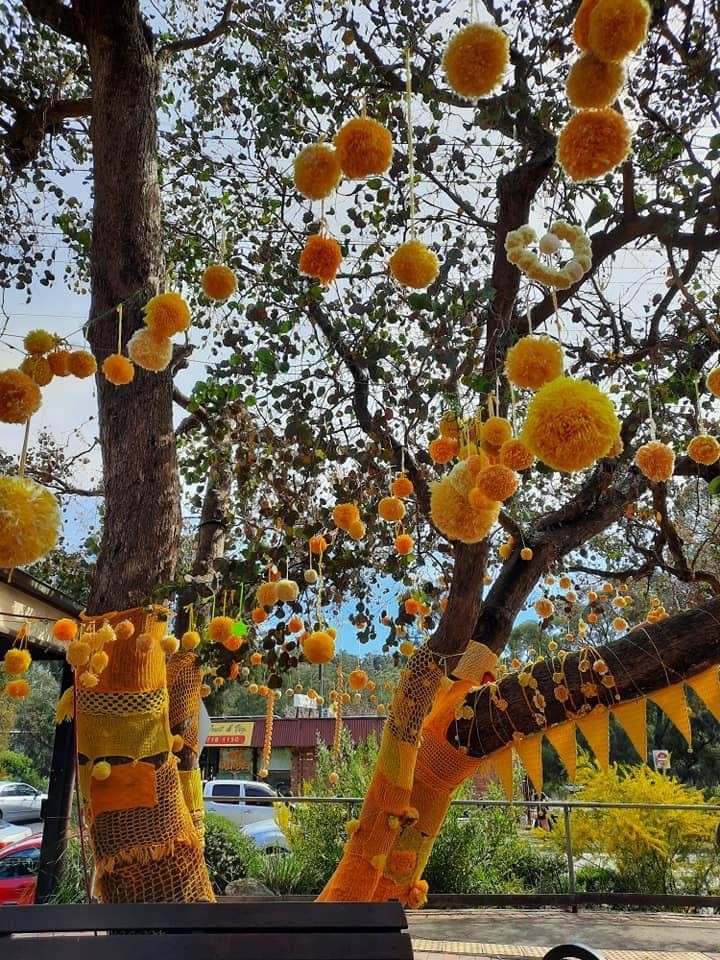 Photo of a tree covered in yellow and orange yarn and pom poms