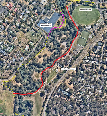 Trail realignment map. Yellow - existing trail. Pink - realigned trail. Red - detour.