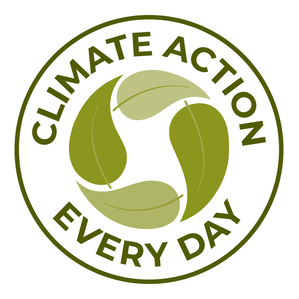 A dark green circle with the words Climate Action Every Day around the inside and in the middle four green leaves forming a circle.