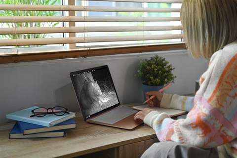 A woman is at a desk with a pen in her hand looking at a computer screen. There is night vision footage of a wombat on the screen.