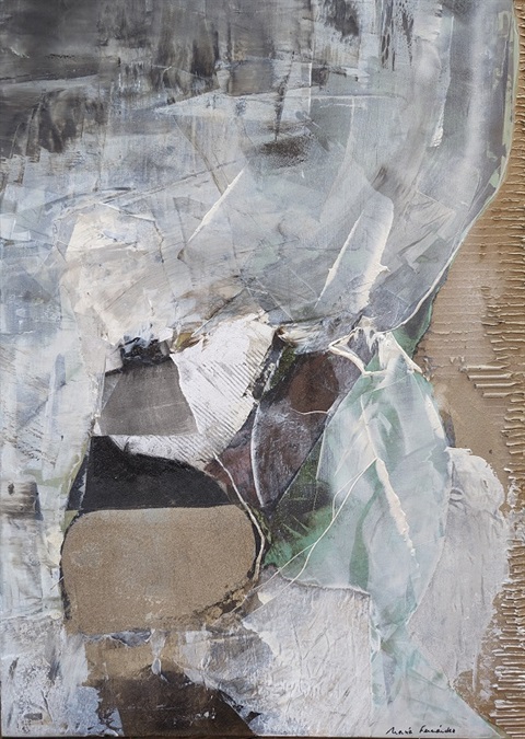 Abstracted painting on a cardboard surface with a muted palette, paint has been applied thickly in areas