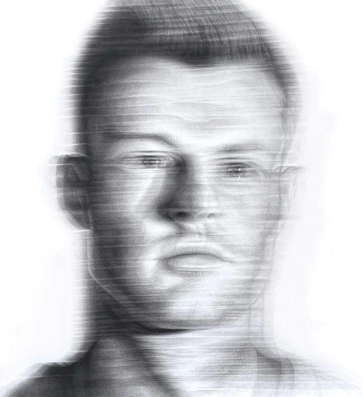 A drawing of a face in black and white that appears blurred