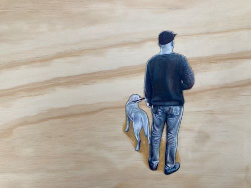 Visual description: A monochromatic painting depicting the back of a man with a dog on a lead. The background is the woodgrain from the plywood. 