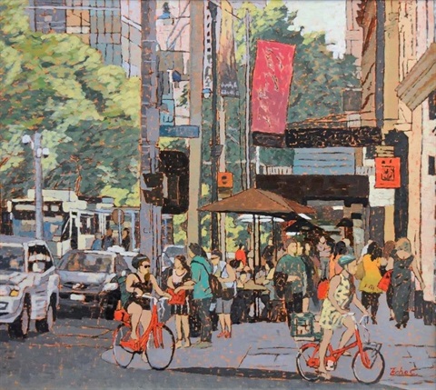 Image of people in Melbourne city scape riding bikes, walking and traffic passing by