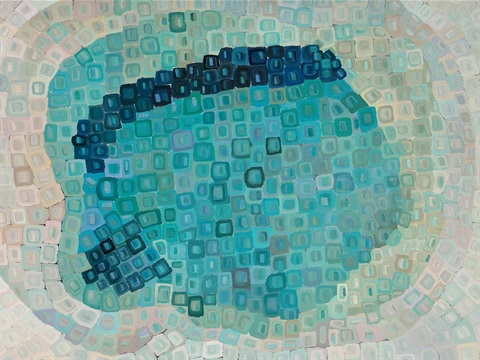 A blue, beige and green tone abstract painting, with square and circular type forms