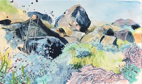 A painting of rocks and shrubs in soft tones of pink, blue, green and yellow