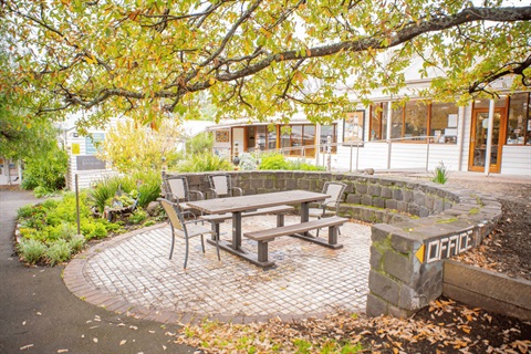 A large tree shades an outdoor table and chairs, they're sitting in front of a weatherboard house