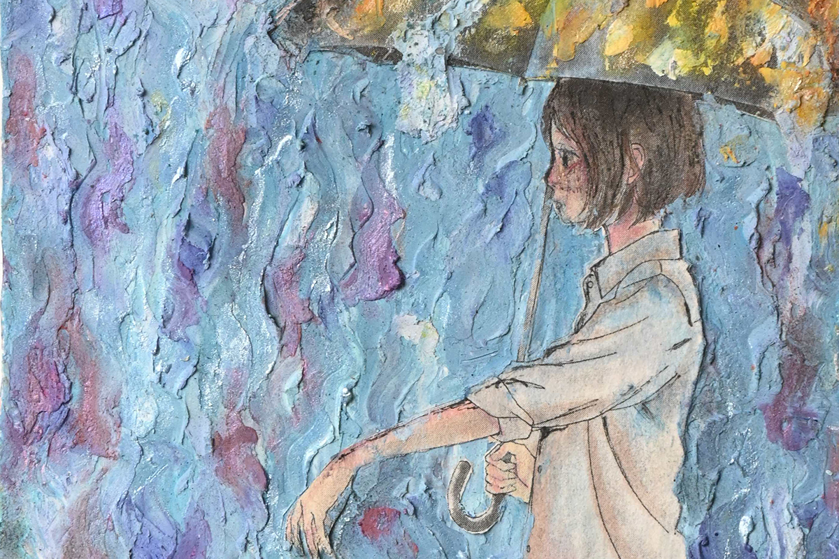 This is a painting with thick large strokes. A young woman is holding an umbrella and the yellow sun is shining on it although all around it is raining in blues and purples