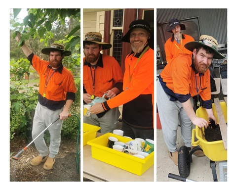 Images show a red-bearded man with a shy smile, with another man with a light beard who is also smiling. They are performing farm tasks outdoors including watering, helping with morning tea, and handling soil. They are wearing hi-visibility work wear with a hat and boots.