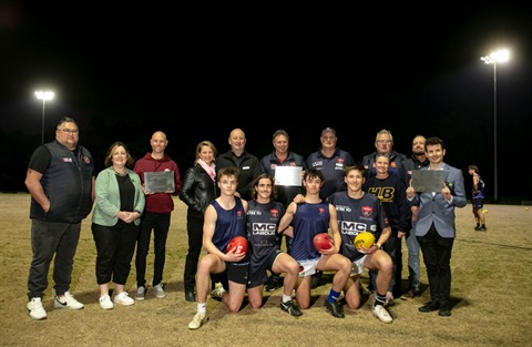 This is a photograph taken at Coventry Oval in Diamond Creek in the evening to officially launch of the lighting and irrigation upgrades to local sports ovals. 