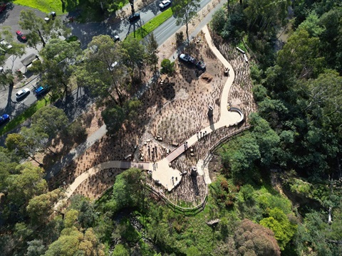 This is a photograph taken with a drone of the new Eltham Gateway open space on Main Road.