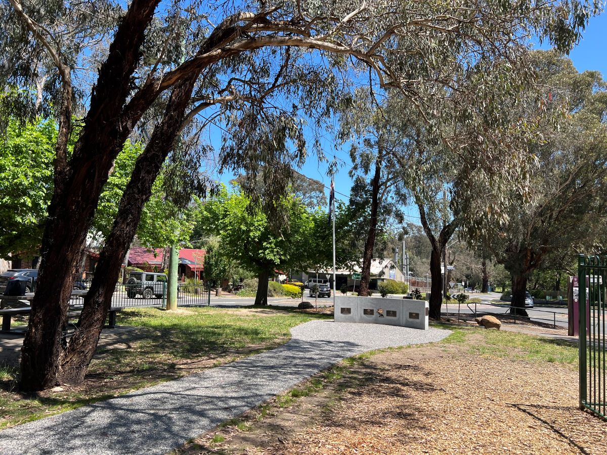 This is a photograph of Anzac Memorial Park in Hurstbridge showing the new path leading to the war memorial.