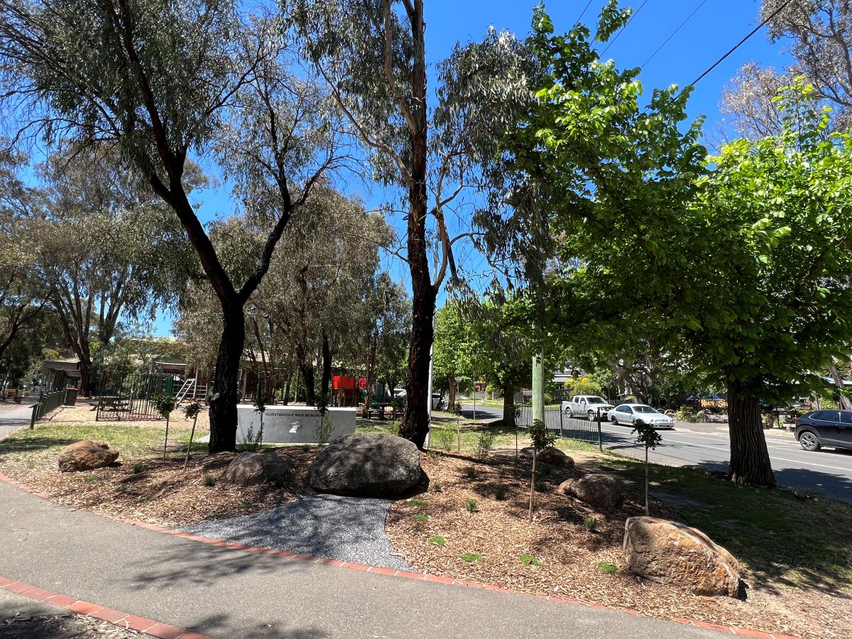 This is a photograph of the new landscaping next to the Hurstbridge War Memorial.