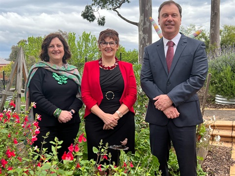 This is a photograph of Nillumbik Mayor Frances Eyre, YPRL CEO Jane Cowell and Bundoora MP Colin Brooks at the Diamond Valley Library.