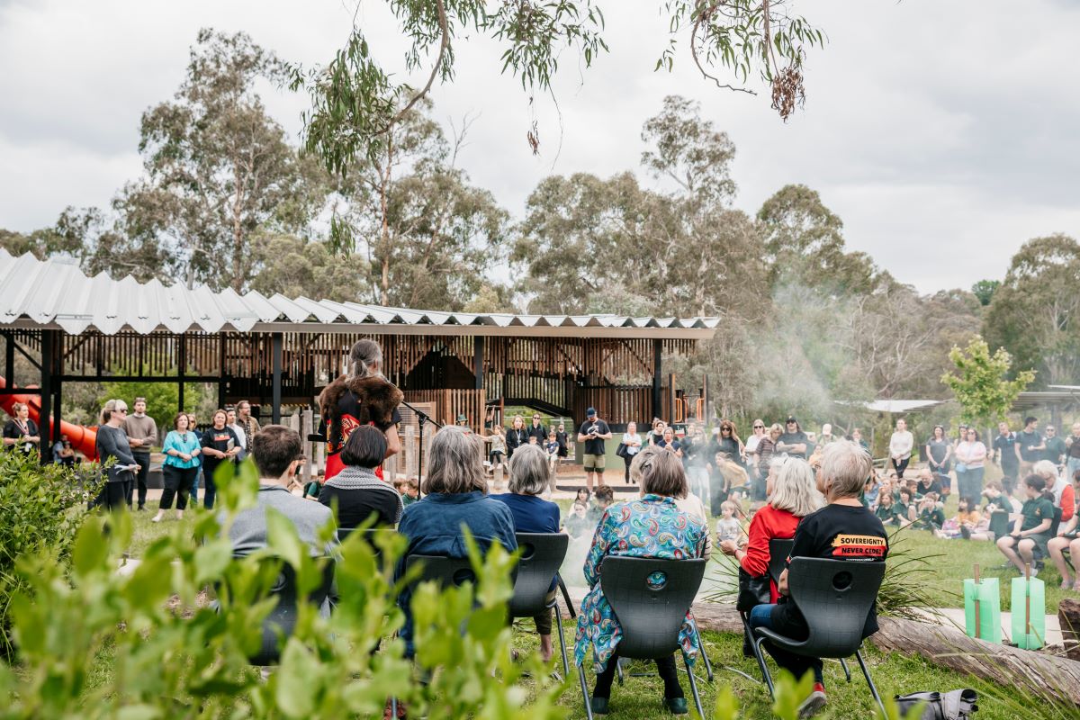 This is a photograph of the official opening of the Wurundjeri Seasonal Garden at the Eltham North Adventure Playground.