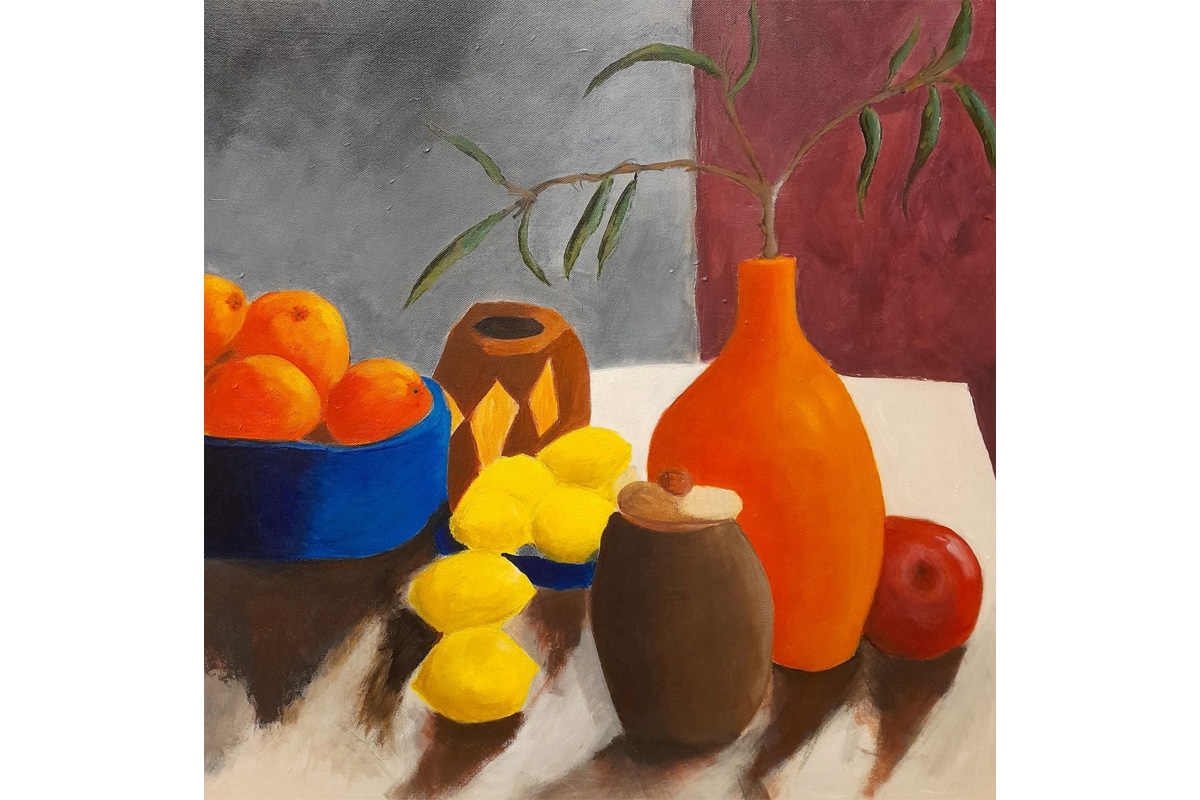 Still life painting of oranges in a blue bowl, three vases arranged on a table and lemons