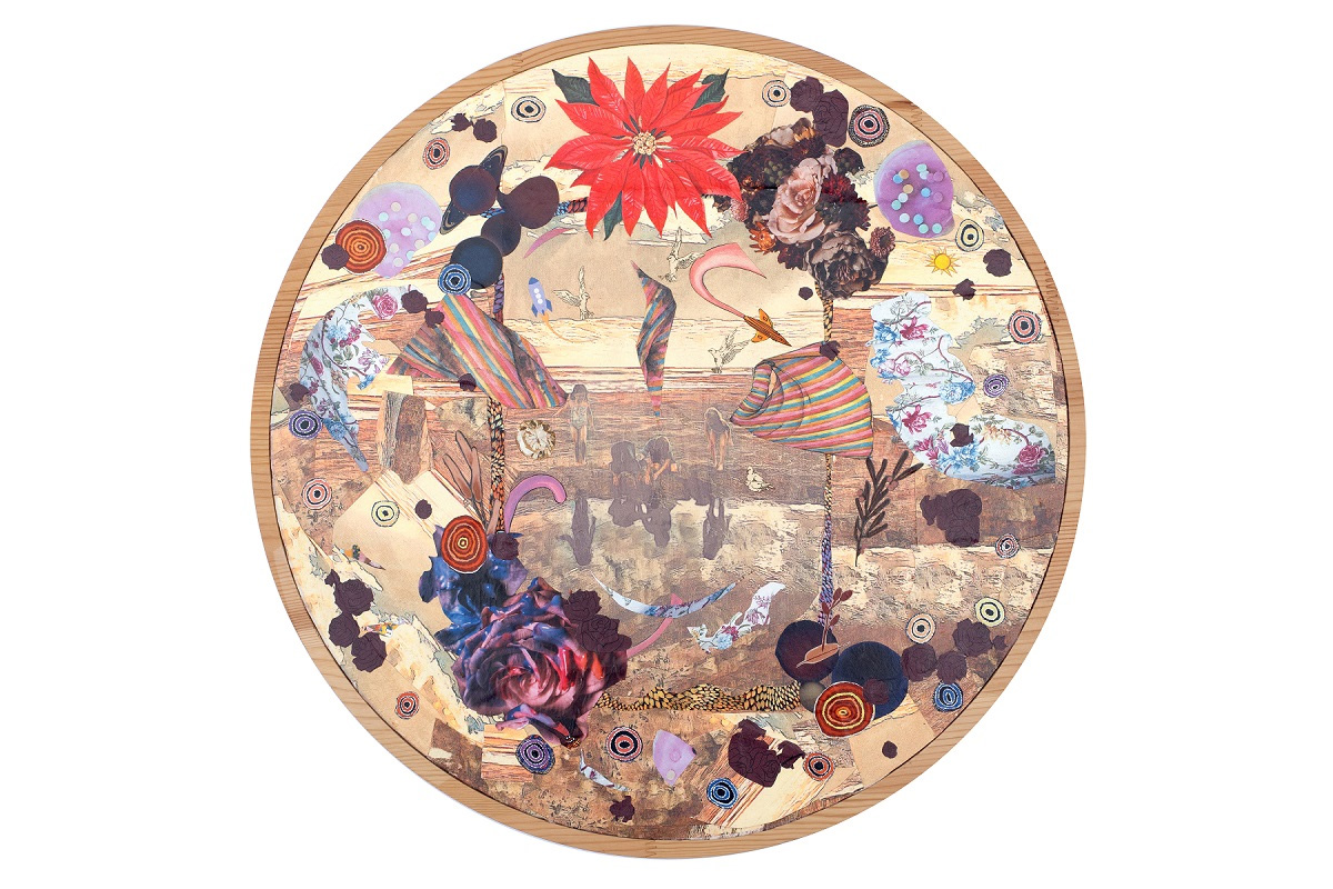 A collage on a circular canvas with purple and red flowers, fabrics with patterns and kids playing near the ocean