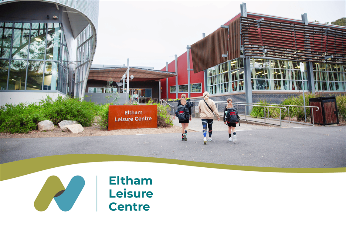 A phot of the exterior of Eltham Leisure Centre. An adult and two children are walking towards the centre. Beneath the photo is a wave graphic with the words 